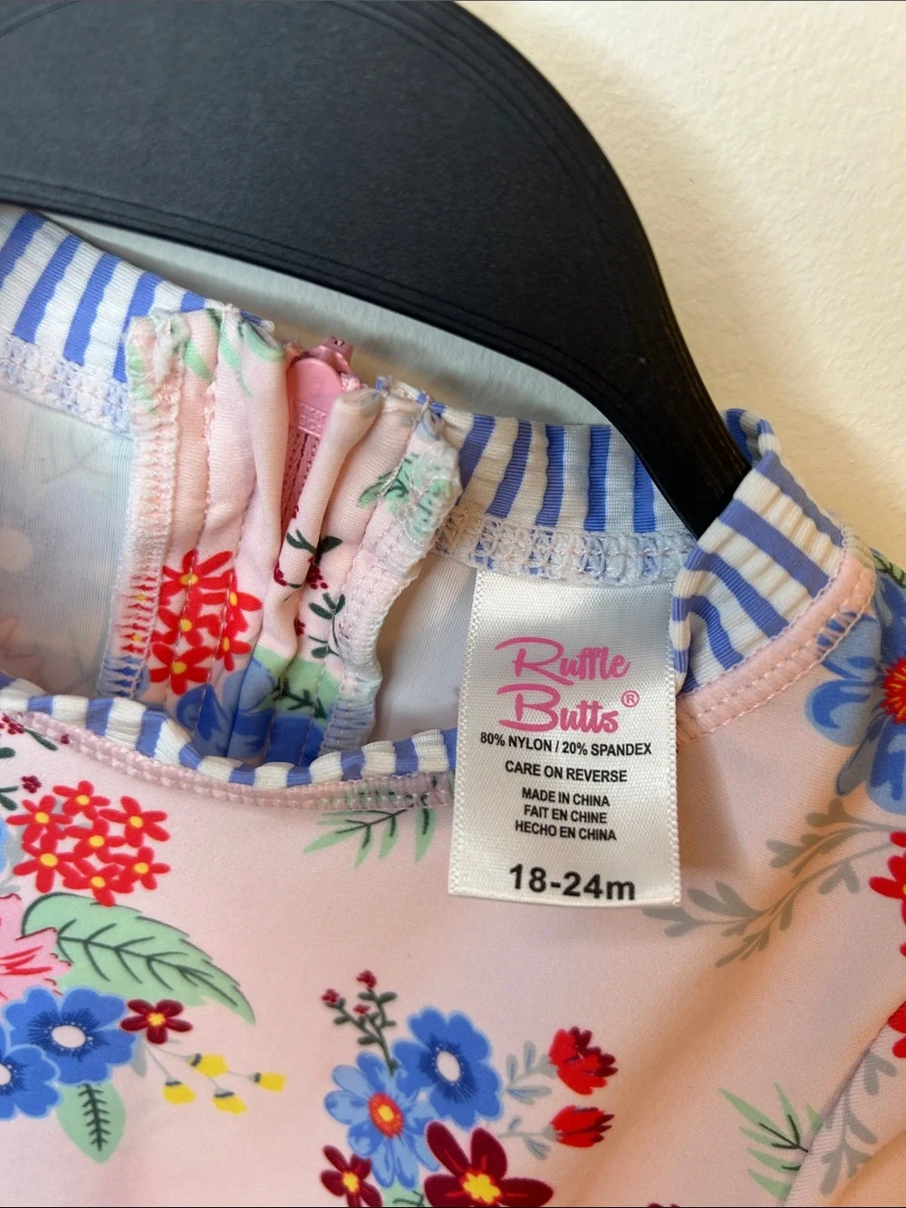 Ruffle Butts Pink Floral Long-Sleeve Baby Swimsuit, 18-24 Months